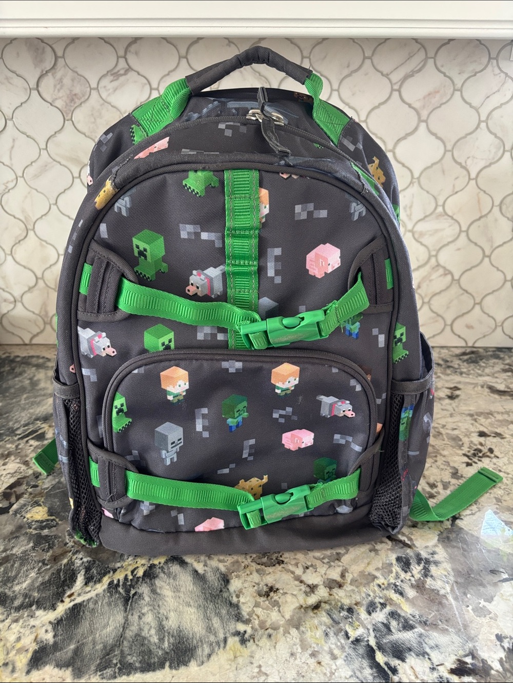 Pottery Barn Kids Gray Pixel Character Backpack with Green Accents